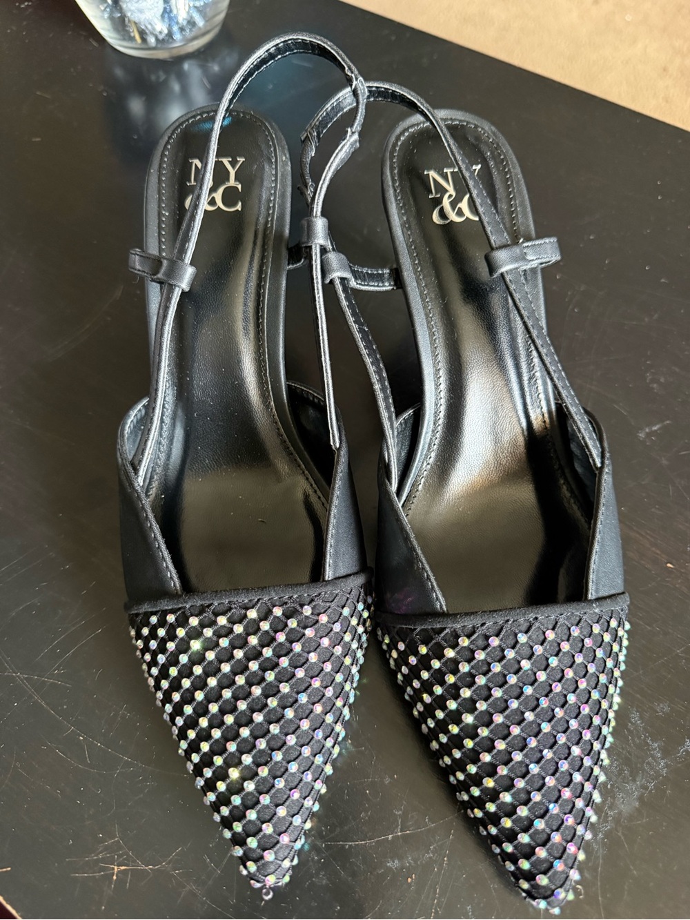 New York & Company Black Pointed Slingback Heels with Iridescent Crystal Mesh